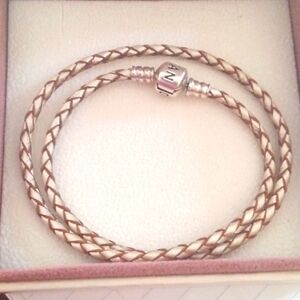 Pandora Pink Braided Leather Double Wrap Bracelet